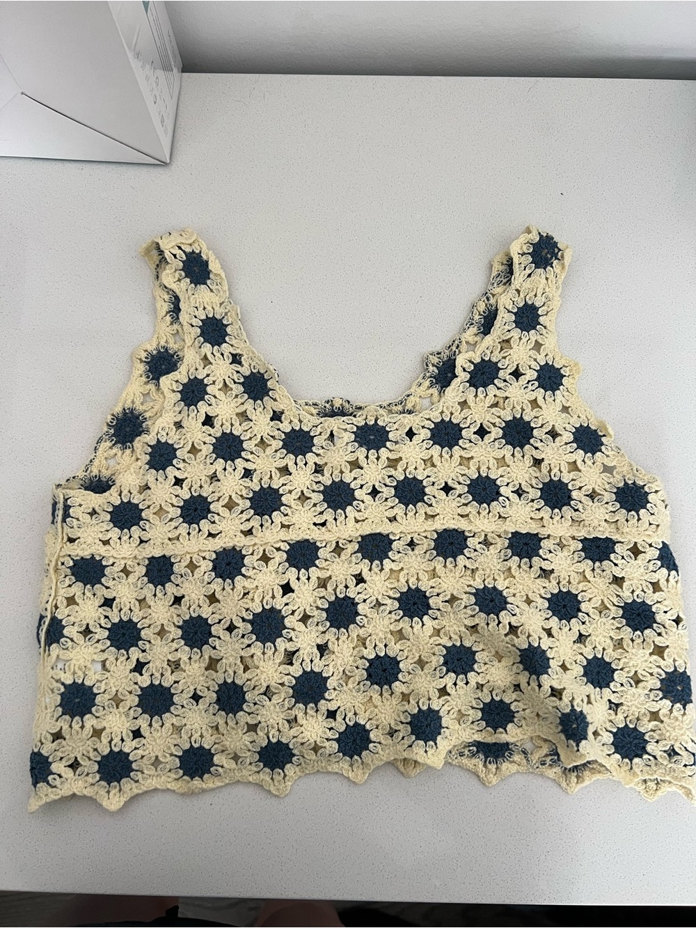 OAK + FORT Cream and Navy Crochet Crop Tank